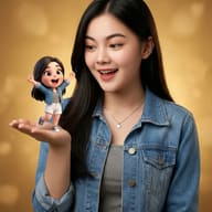 Woman with Tiny Cartoon Self AI Photo Editing Prompt. AI generated conceptual portrait of an Asian woman in a denim jacket smiling at a miniature cheering cartoon figure of herself in her palm.