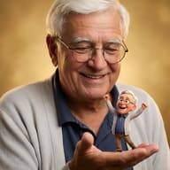 Senior Man Holding Miniature 3D Avatar AI Photo Editing Prompt. AI generated digital art of a smiling elderly man with glasses holding a joyful miniature 3D character version of himself on his palm.