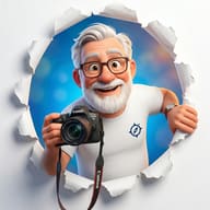 AI generated 3D character illustration of a smiling elderly photographer with a white beard and glasses holding a Canon camera through torn paper.
