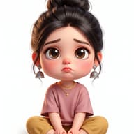 Sad Cute 3D Cartoon Girl AI Prompt. AI generated 3D digital illustration of an adorable, sad little girl with big brown eyes, a messy bun, and silver jhumkas sitting cross-legged in a pink t-shirt.