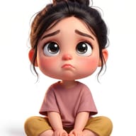 AI generated 3D digital illustration of a cute, sad little girl with big eyes and a messy bun sitting cross-legged on a white background.