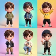 Six Cute Boy Character Variations AI Photo Editing Prompt. AI generated 3D digital illustration of a 2x3 grid featuring a cute chibi-style boy in various stylish outfits and expressive poses against colorful pastel backgrounds.