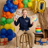 Boy's 10th Rainbow Birthday AI Photo Editing Prompt. AI generated studio portrait of a smiling boy sitting on a wooden stool surrounded by rainbow balloons, a themed cake, and colorful gifts.