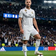 Soccer Player in White Kit AI Photo Editing Prompt. AI generated cinematic portrait of a soccer player in a white jersey standing with a ball in a packed stadium.