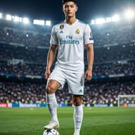 Soccer Player Cinematic Photography Prompt. AI generated cinematic portrait of a young athlete in a white football kit standing on a stadium pitch at night with a ball under his foot.