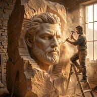 Sculptor Carving Giant Stone Face AI Art Prompt. AI generated digital art of an artist on a wooden ladder using a hammer and chisel to carve a massive, detailed bearded face from a stone block in a sunlit, dusty workshop.