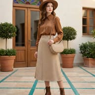 Woman in Earth-Toned Fashion AI Photo Editing Prompt. AI generated fashion portrait of a stylish woman wearing a tan hat, brown silk shirt, and houndstooth midi skirt standing in a Mediterranean courtyard.