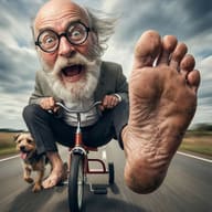 A wild, wide-angle shot of a screaming elderly man speeding on a tiny tricycle, featuring a giant bare foot in the foreground and a dog running alongside.