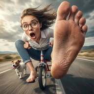 Surreal image of a shocked woman riding a red tricycle on a highway, thrusting a giant bare foot at the camera while a small dog runs alongside. Cinematic motion blur.