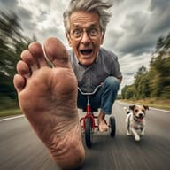 Surreal shot of an elderly man riding a tiny red tricycle with a massive bare foot in the foreground. A small dog runs beside him on a motion-blurred road.