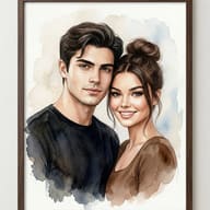 Watercolor Couple Portrait AI Photo Editing Prompt. AI generated digital watercolor illustration of a smiling young couple with dark hair, rendered in soft artistic tones and displayed within a dark wood frame.