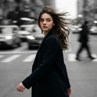 Woman in Black Coat Walking City Street AI Photo Editing Prompt. AI generated street portrait of a woman with long hair looking back while crossing a busy urban road in a black coat.