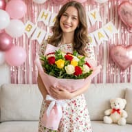 Woman with Birthday Rose Bouquet AI Photo Editing Prompt. AI generated portrait of a smiling woman in a floral dress holding a bouquet of roses against a festive pink balloon backdrop.