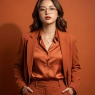 Woman in Burnt Orange Suit AI Photo Editing Prompt. AI generated studio portrait of a stylish woman wearing round glasses and a monochromatic burnt orange suit against a matching background.
