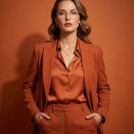 Woman in Burnt Orange Suit AI Photo Editing Prompt. AI generated studio portrait of a stylish woman in round glasses wearing a terracotta blazer and silk shirt against a matching background.