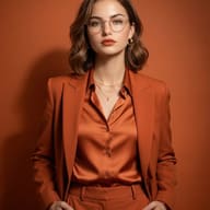 Woman in Burnt Orange Suit AI Photo Editing Prompt. AI generated studio portrait of a woman wearing gold-rimmed glasses and a burnt orange blazer with a matching silk shirt against a monochromatic background.