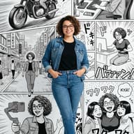 Woman in Denim with Manga Background AI Photo Editing Prompt. AI generated digital illustration of a smiling woman in a denim jacket and jeans standing against a black-and-white manga collage background featuring various scenes of her life.