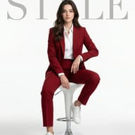 Woman in Red Suit AI Photo Editing Prompt. AI generated studio portrait of a woman in a maroon suit and white sneakers sitting on a white stool against a "STYLE" text background.