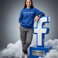 Woman Leaning on Facebook Logo AI Photo Editing Prompt. AI generated digital portrait of a smiling woman in a blue hoodie leaning against a large 3D Facebook logo on a cloud-filled floor.