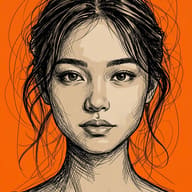 Woman Sketch Portrait on Orange AI Photo Editing Prompt. AI generated digital sketch illustration of a woman with messy dark hair and cross-hatched details against a vibrant orange background.