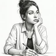 AI generated pencil sketch illustration of a young woman with a hair bun leaning over a notebook while holding a pencil in a thoughtful pose.