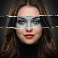 Smiling Woman with Crying Eyes Torn Paper Photo Prompt. AI generated conceptual portrait of a smiling woman featuring a torn paper effect that reveals crying eyes in black and white.