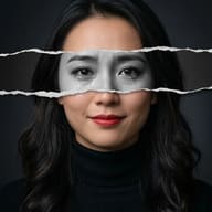 Smiling Woman with Hidden Crying Eyes Photography Prompt. AI generated conceptual portrait of a woman smiling with red lips while a torn paper effect reveals her eyes crying in black and white.