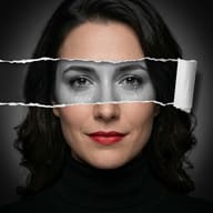 Woman with Torn Paper Eyes Portrait Prompt. AI generated conceptual portrait of a smiling woman with red lipstick, featuring a horizontal paper tear effect that reveals crying eyes in grayscale.