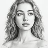 Woman with Wavy Hair Pencil Sketch Art Prompt. AI generated pencil sketch portrait of a young woman with long wavy hair looking gently upwards.