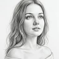 Detailed Graphite Portrait Prompt. AI generated graphite pencil drawing portrait of a young woman with long wavy hair looking upwards with soft, realistic shading.