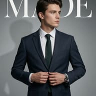 Young Man in Navy Suit AI Photo Editing Prompt. AI generated studio portrait of a sharp-featured young man in a navy blue suit and dark green tie adjusting his jacket against a grey background with "MADE" typography.