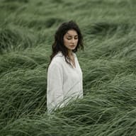 Woman in Tall Grass AI Photo Editing Prompt. AI generated portrait of a young woman in a white linen shirt standing in a field of tall, wavy green grass.