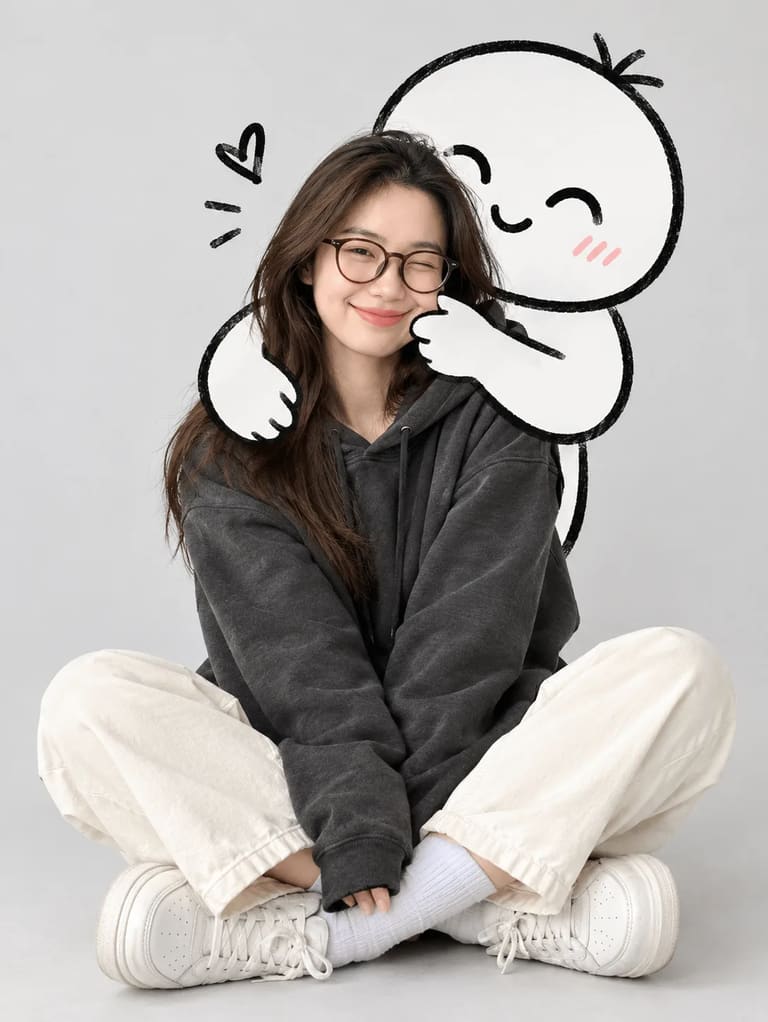 Playful Doodle Hug Girl Studio Portrait Prompt