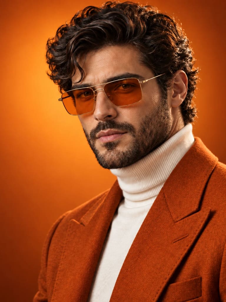 Male Model Studio Portrait on Orange Background - AI Image Prompt Result