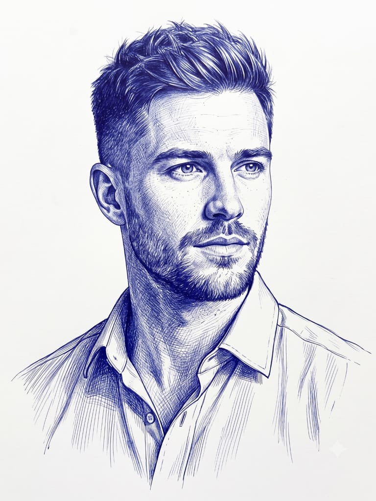 Ballpoint Pen Drawing of Handsome Male Portrait (Variation 2)