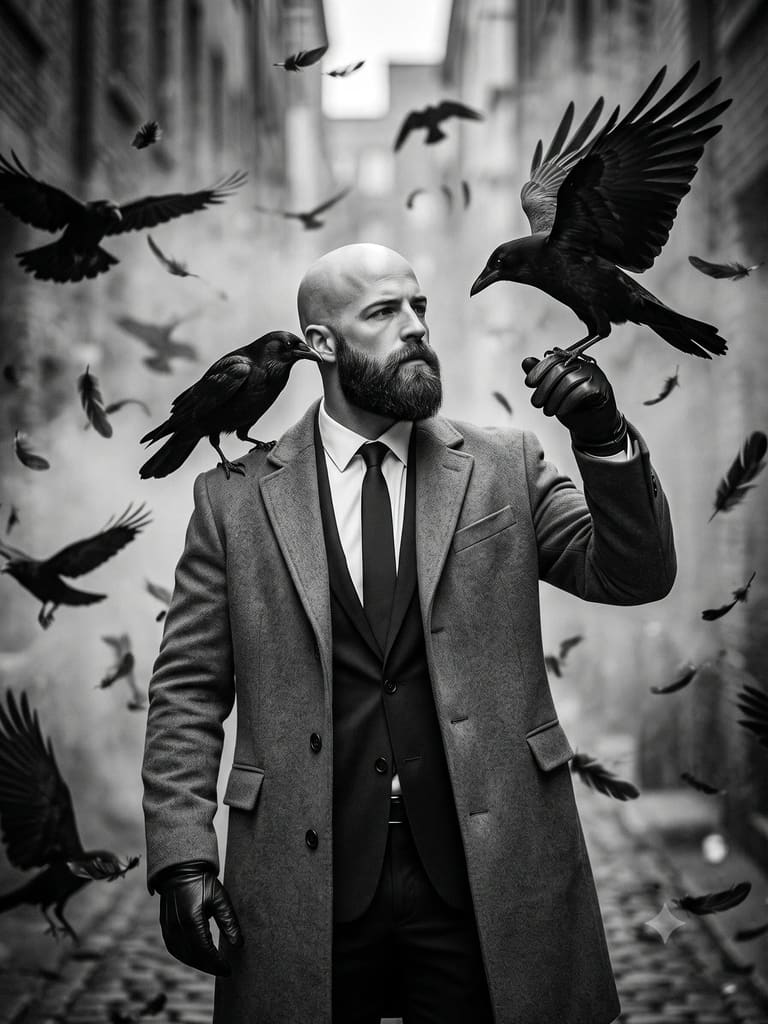 B&w Noir Portrait with Swirling Crows Portrait (Variation 2)