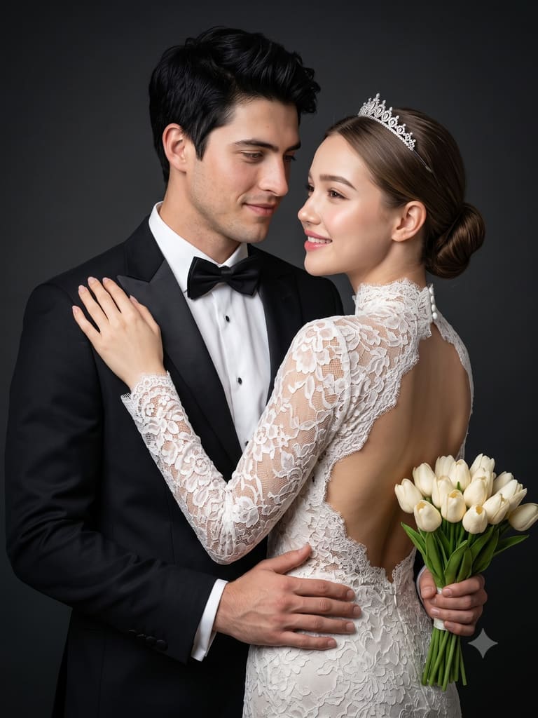 Couple Photography Prompt | Elegant Wedding Studio Shoot AI Image Prompt Result