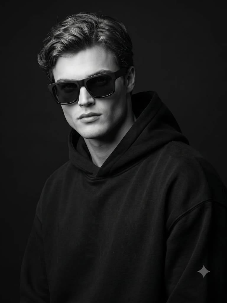 Monochrome Man Black Hoodie Sunglasses Portrait (Variation 3)