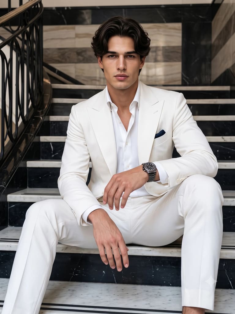 Luxury Men's Fashion: White Suit Styling Portrait (Variation 2)