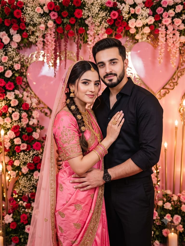 Romantic Couple Photography Prompt | Indian Couple with Floral Backdrop AI Image Prompt Result