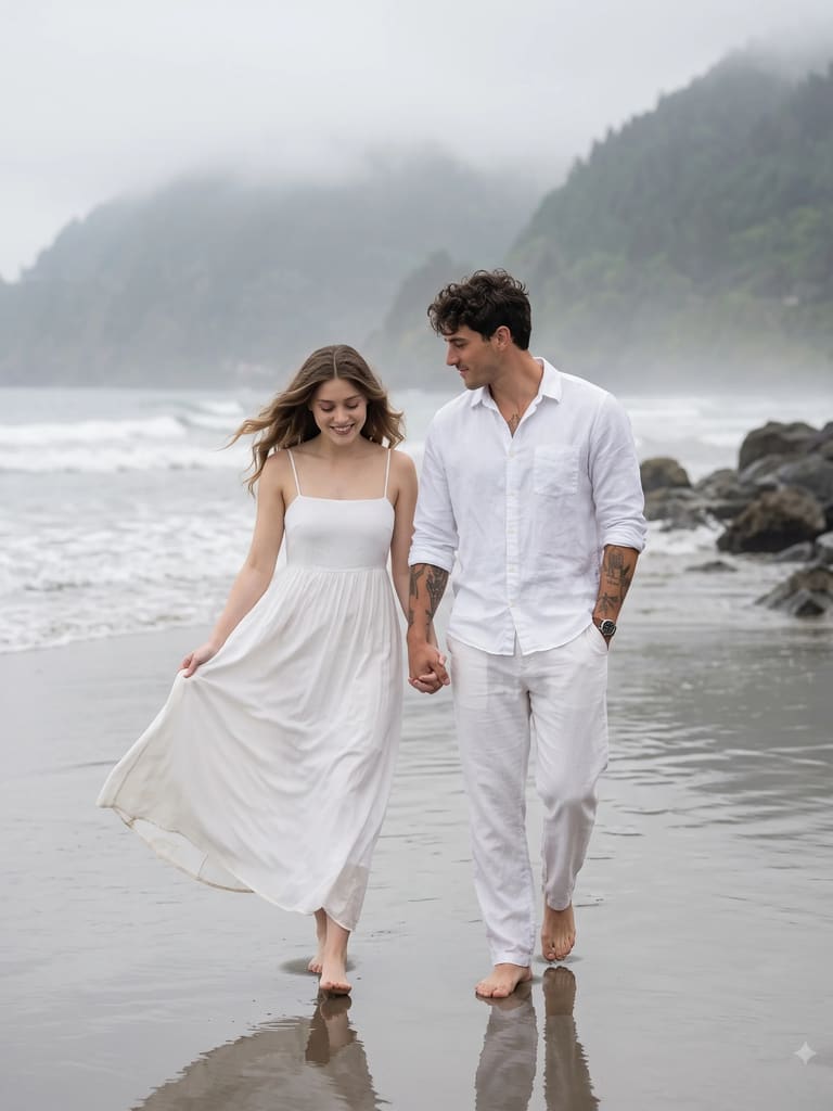 Romantic Couple Walking on Beach