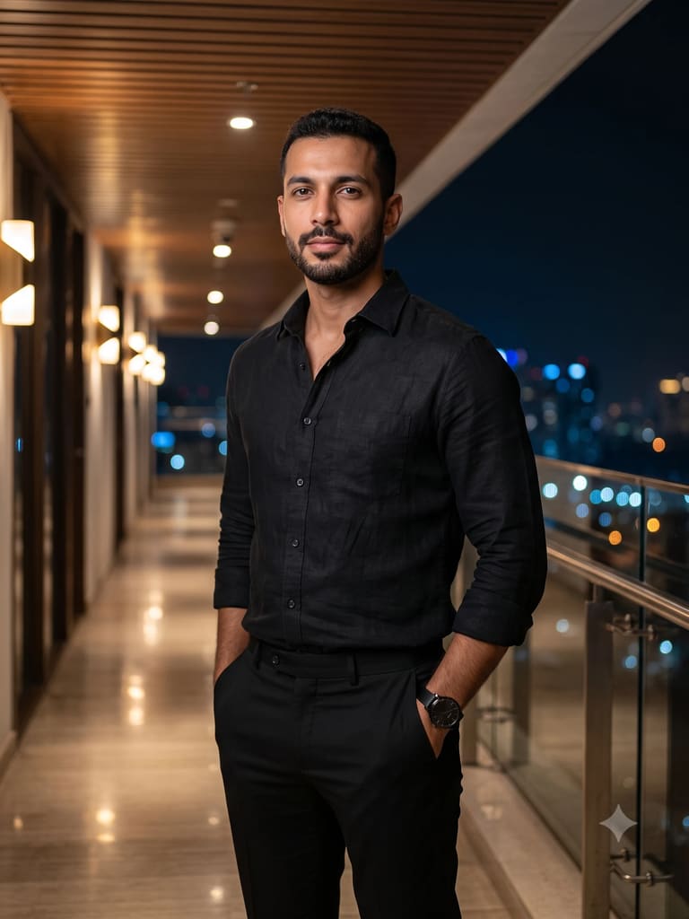 Man in Black on Luxury Balcony with Night Bokeh Portrait (Variation 2)