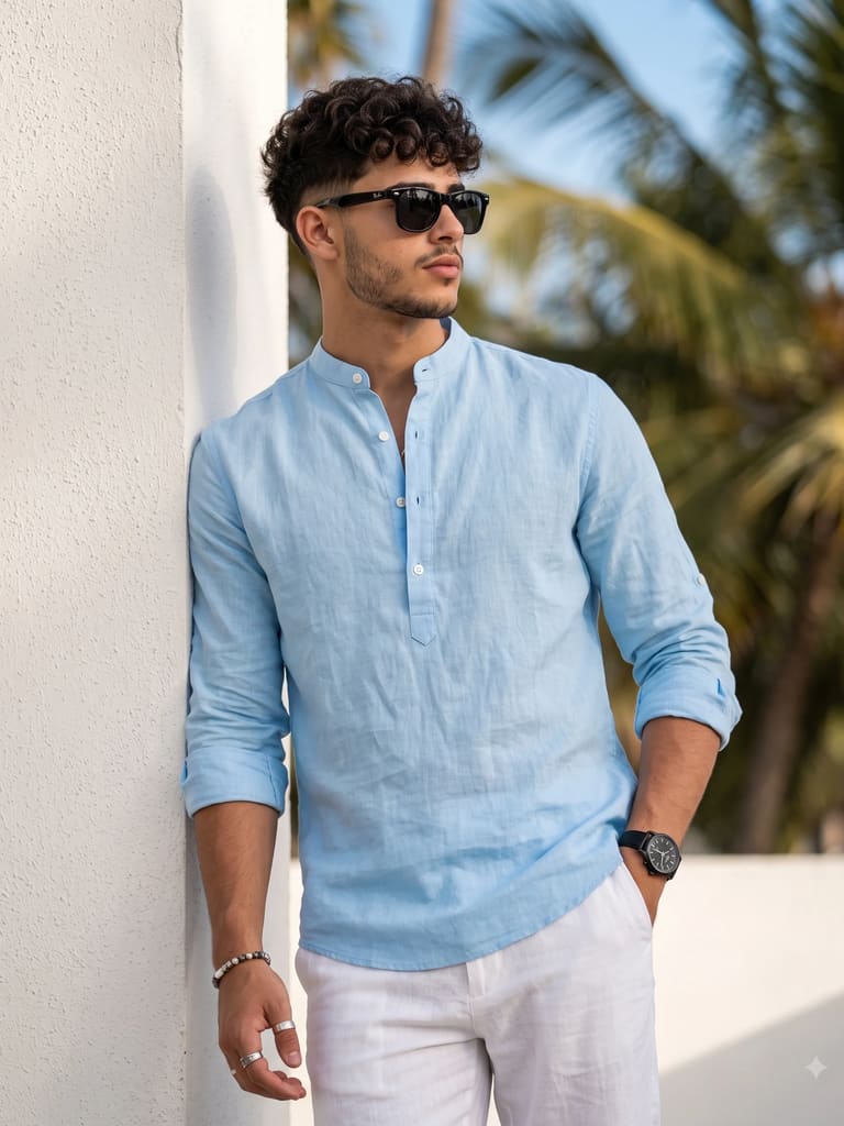 Man in Blue Linen Shirt, Summer Style Portrait (Variation 3)