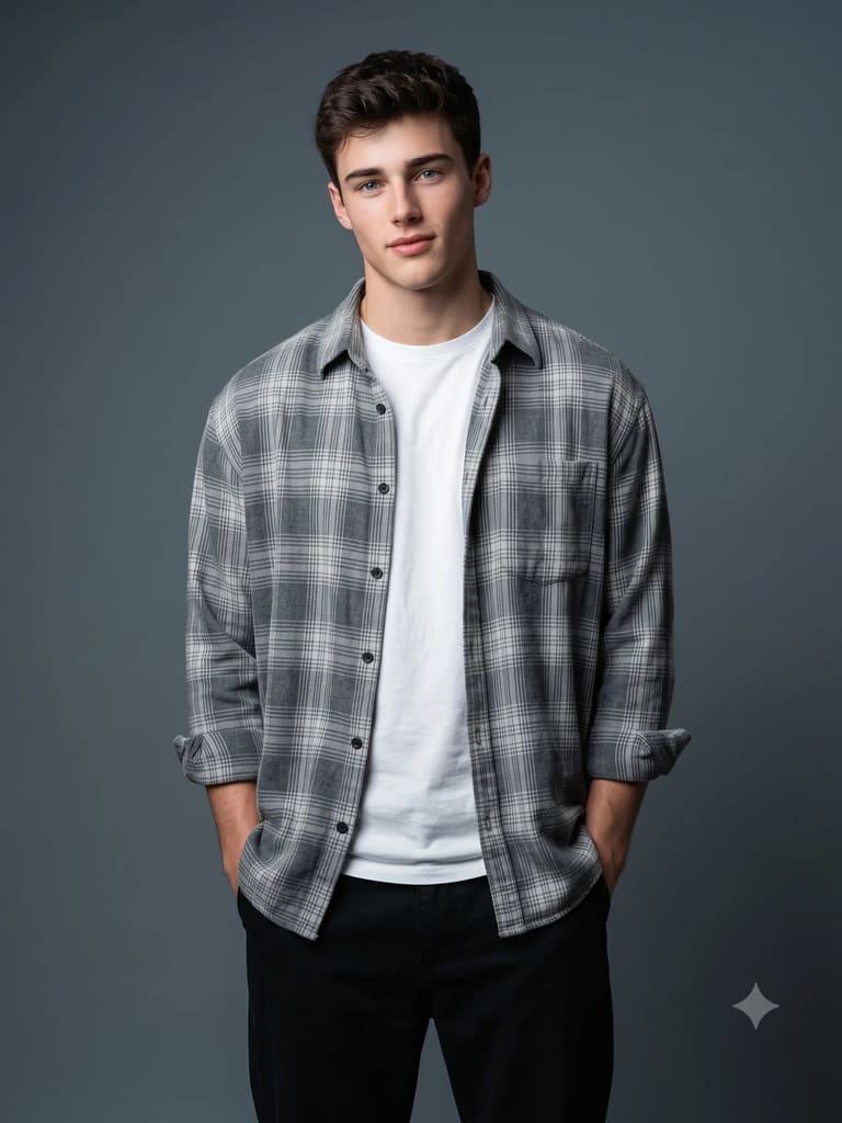 Grey Plaid Flannel Studio Men Fashion Portrait (Variation 5)