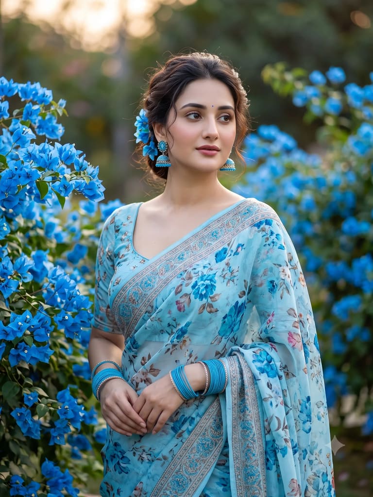 Soft Blue Floral Saree Outdoor Aesthetic Portrait (Variation 2)