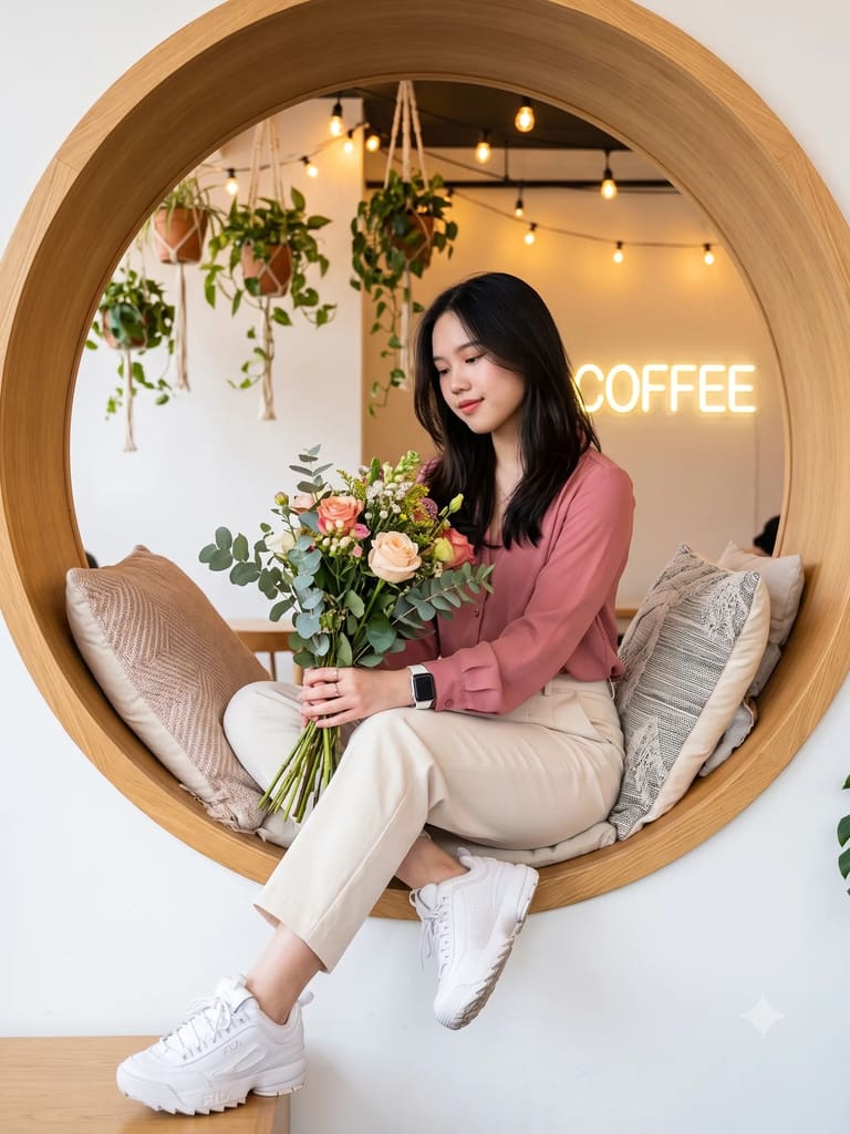 Woman with Flowers Through Circular Café Window (Variation 2)