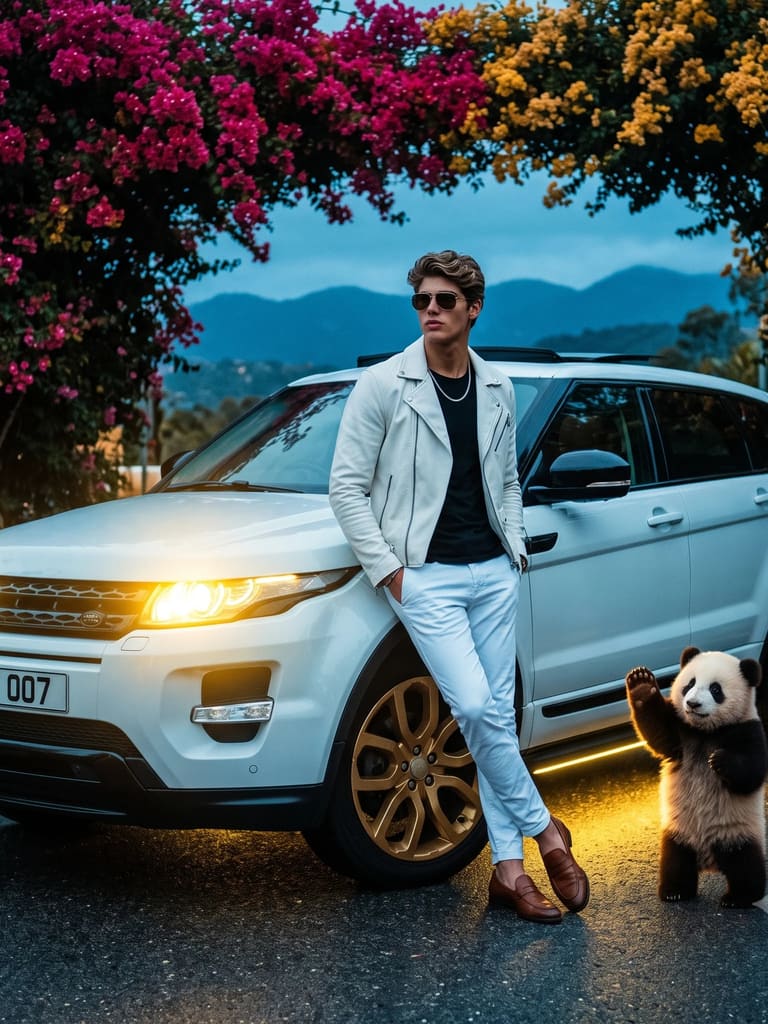 Stylish Man with White SUV and Panda Portrait (Variation 3)