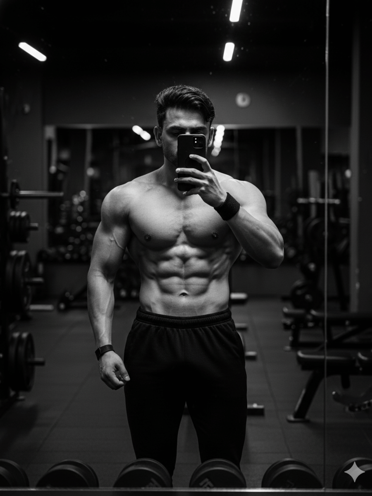 Muscular man takes selfie