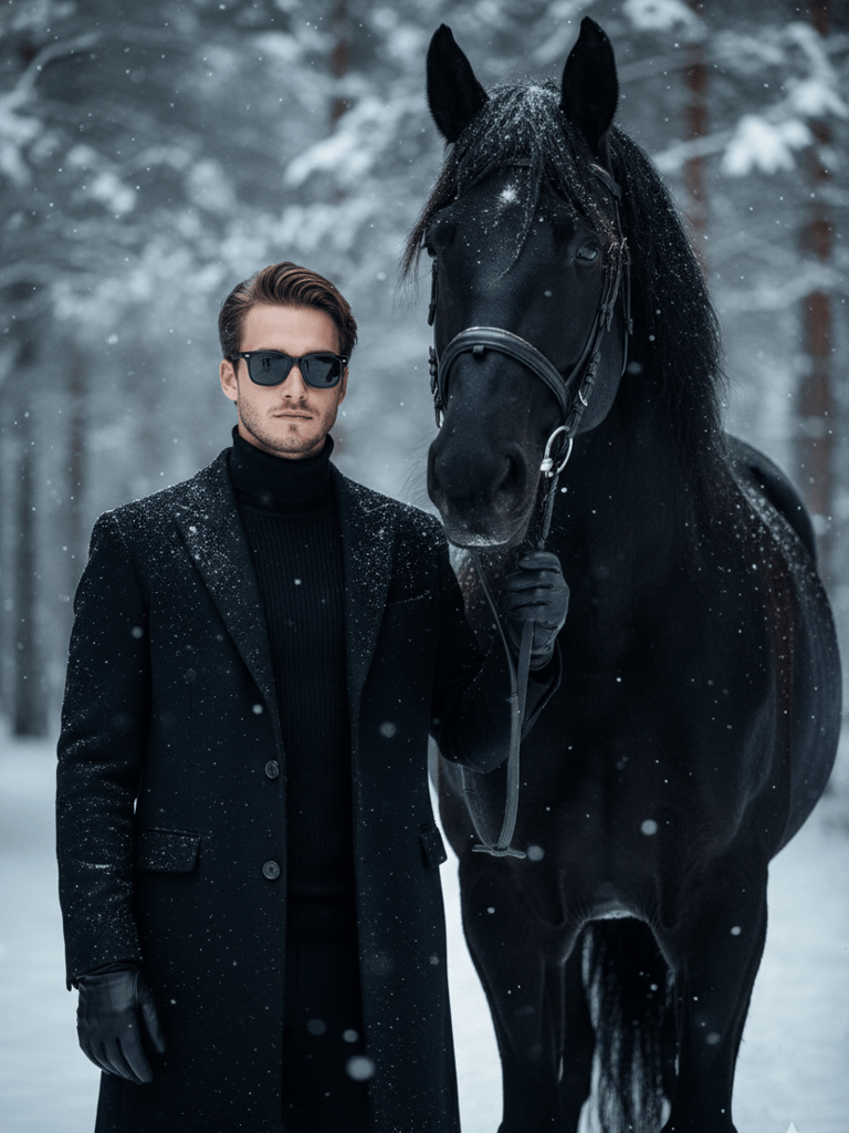 Stylish man holds horse