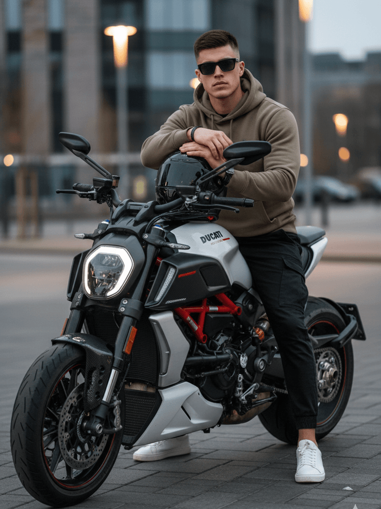 Man sits on motorcycle